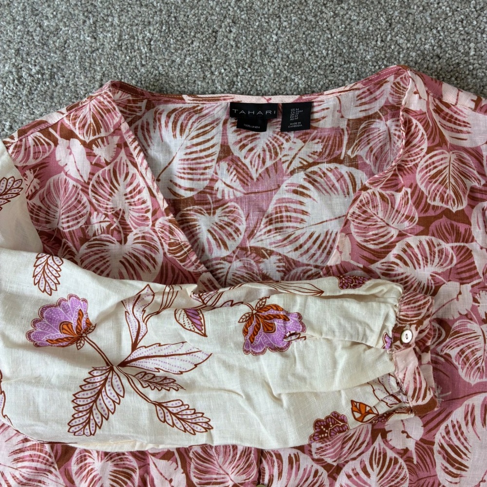 Tahari Linen Blend Floral Leaf Print Button Down Blouse Top Medium Boho Casual